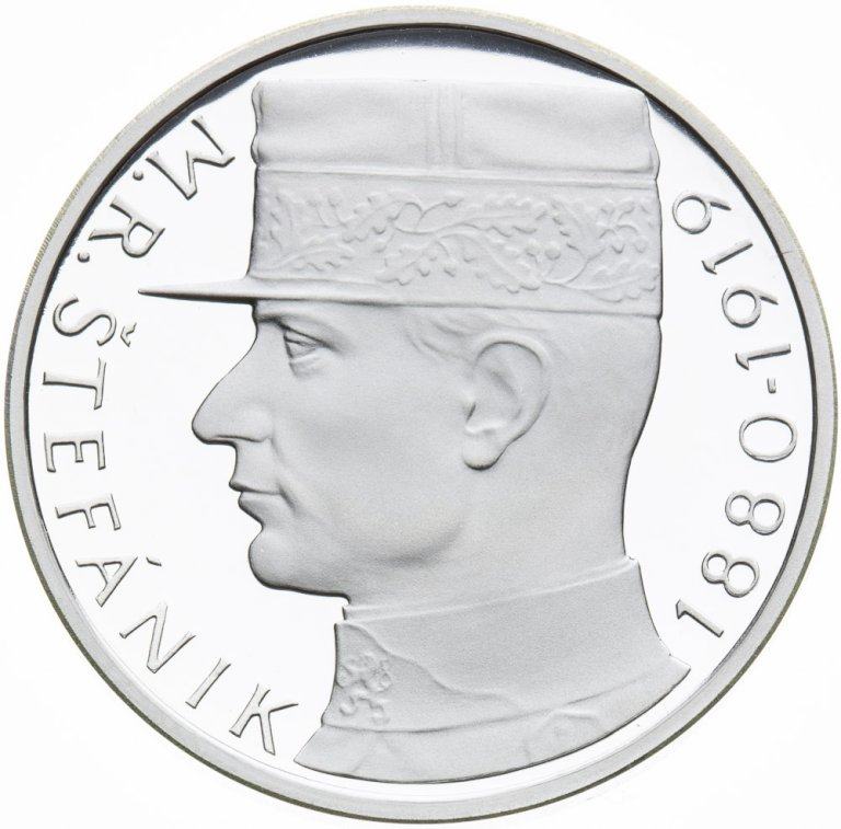 10 Kčs 1990 stříbrná replika mince s motívem M. R. Štefánik